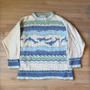 Vintage Blue and Cream Dolphin Turtleneck Sweater